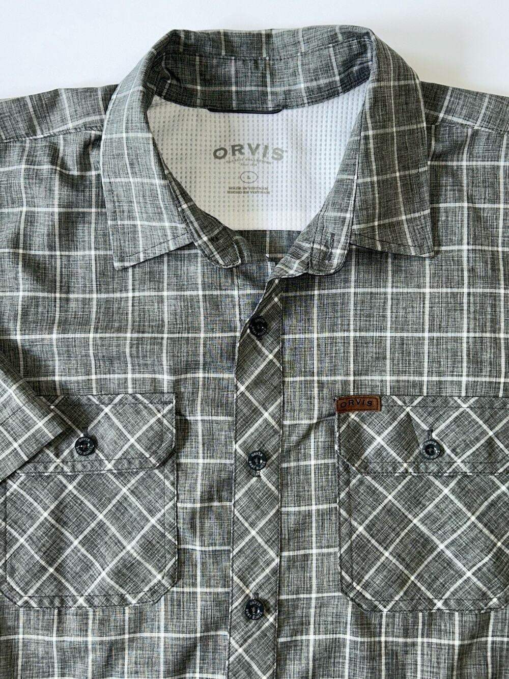 Orvis Mens Performance Shirt Gray Windowpane Active Tech Button Down Size Large